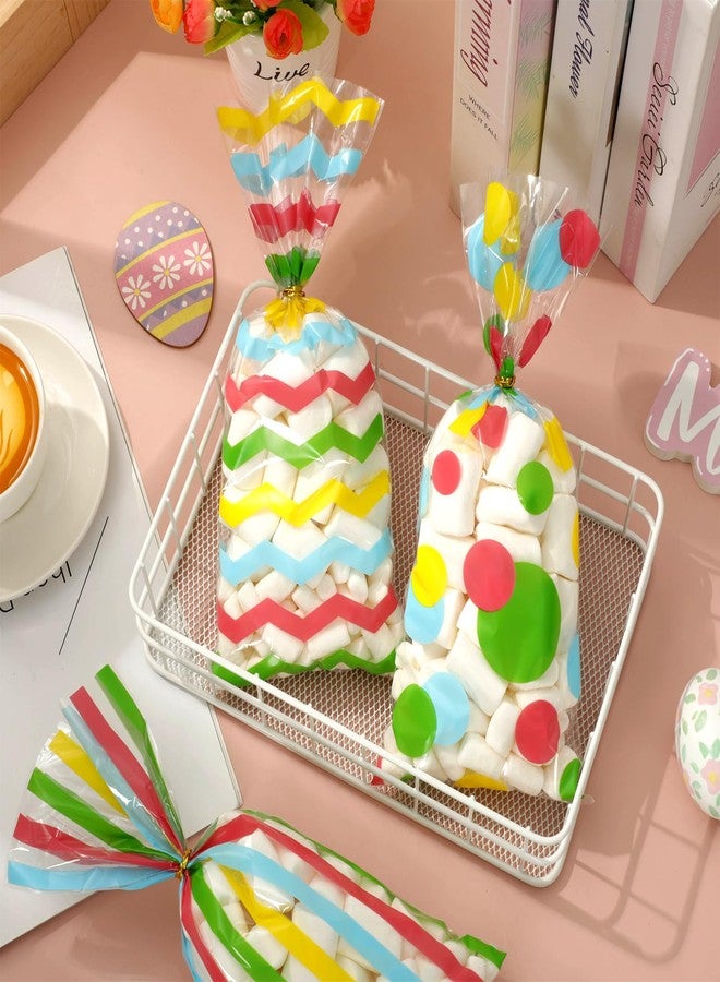 Whaline 100Pcs Easter Cellophane Treat Bags Colorful Stripe Wave Dot Plastic Candy Bags Cello Goodie Bags with Twist Ties for Spring Party Favors Supplies - Image 4